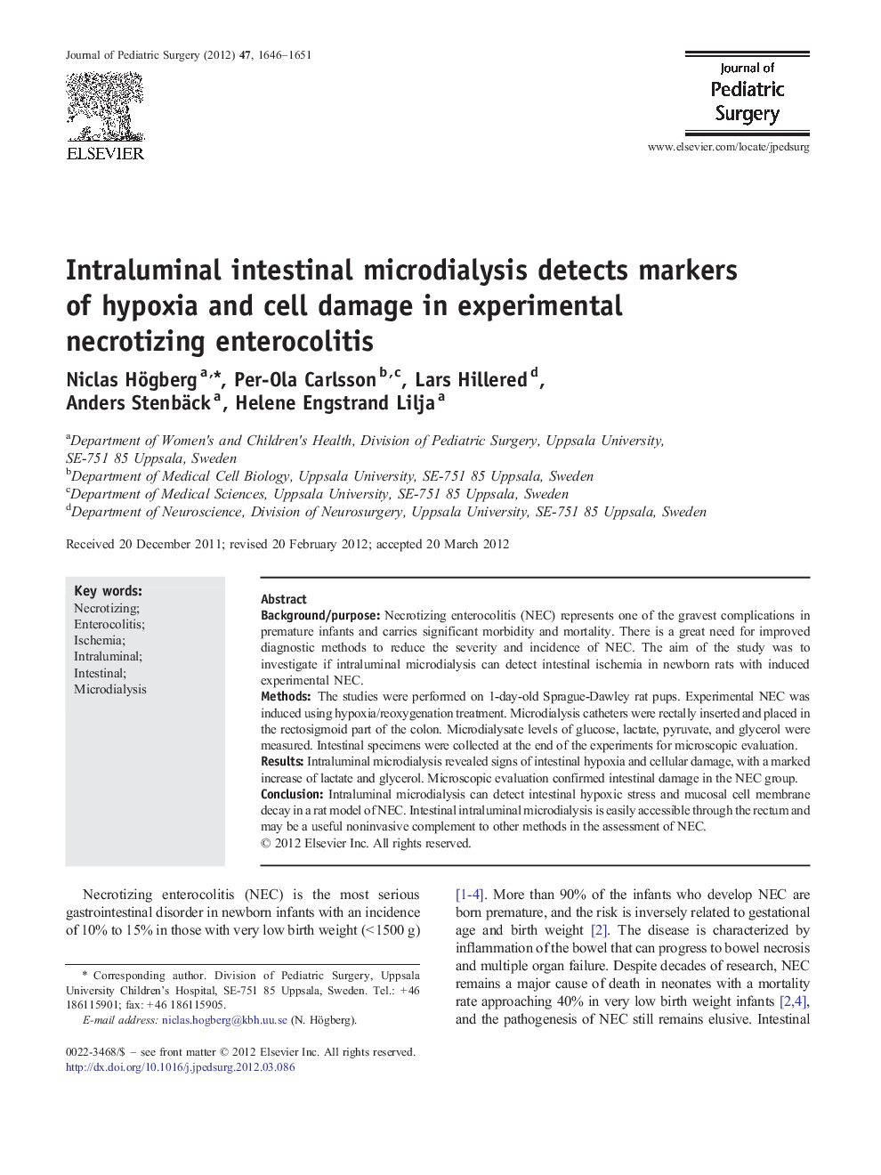 Intraluminal intestinal microdialysis detects markers of hypoxia and cell damage in experimental necrotizing enterocolitis