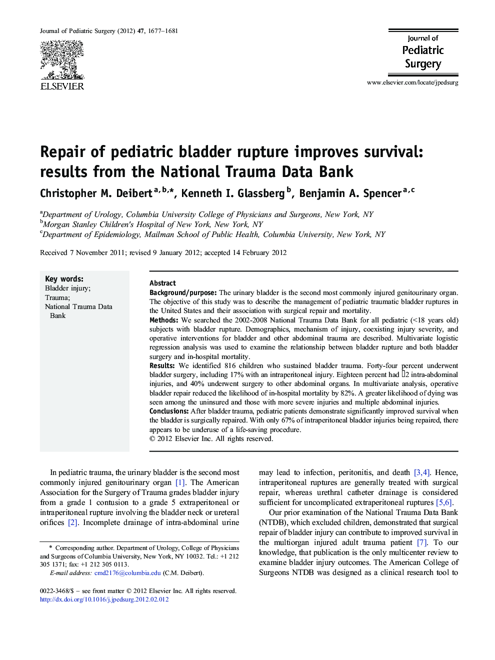 Repair of pediatric bladder rupture improves survival: results from the National Trauma Data Bank