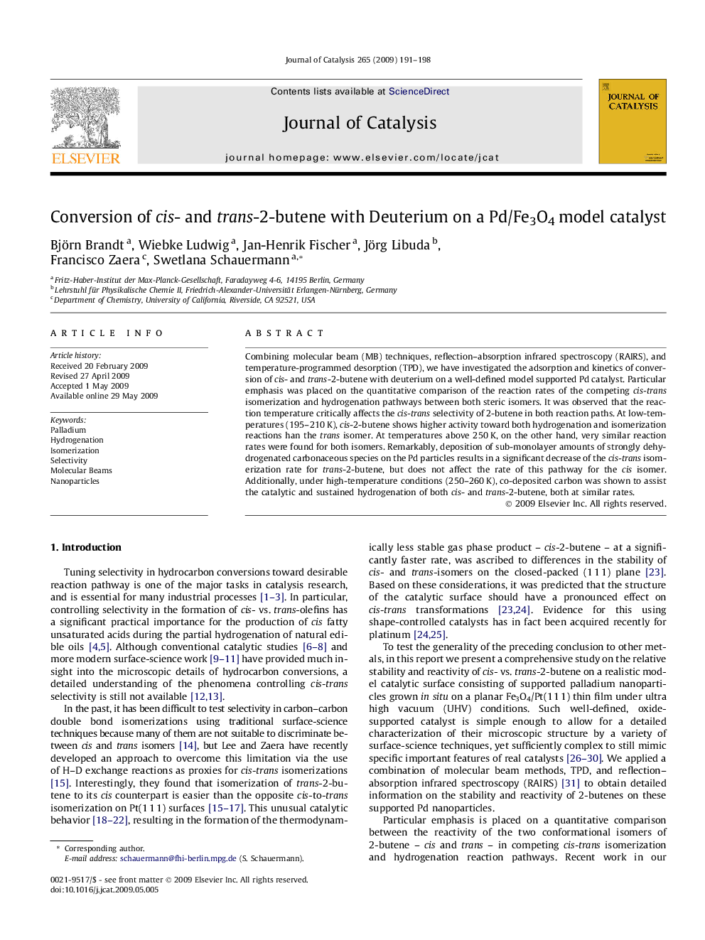 Conversion of cis- and trans-2-butene with Deuterium on a Pd/Fe3O4 model catalyst