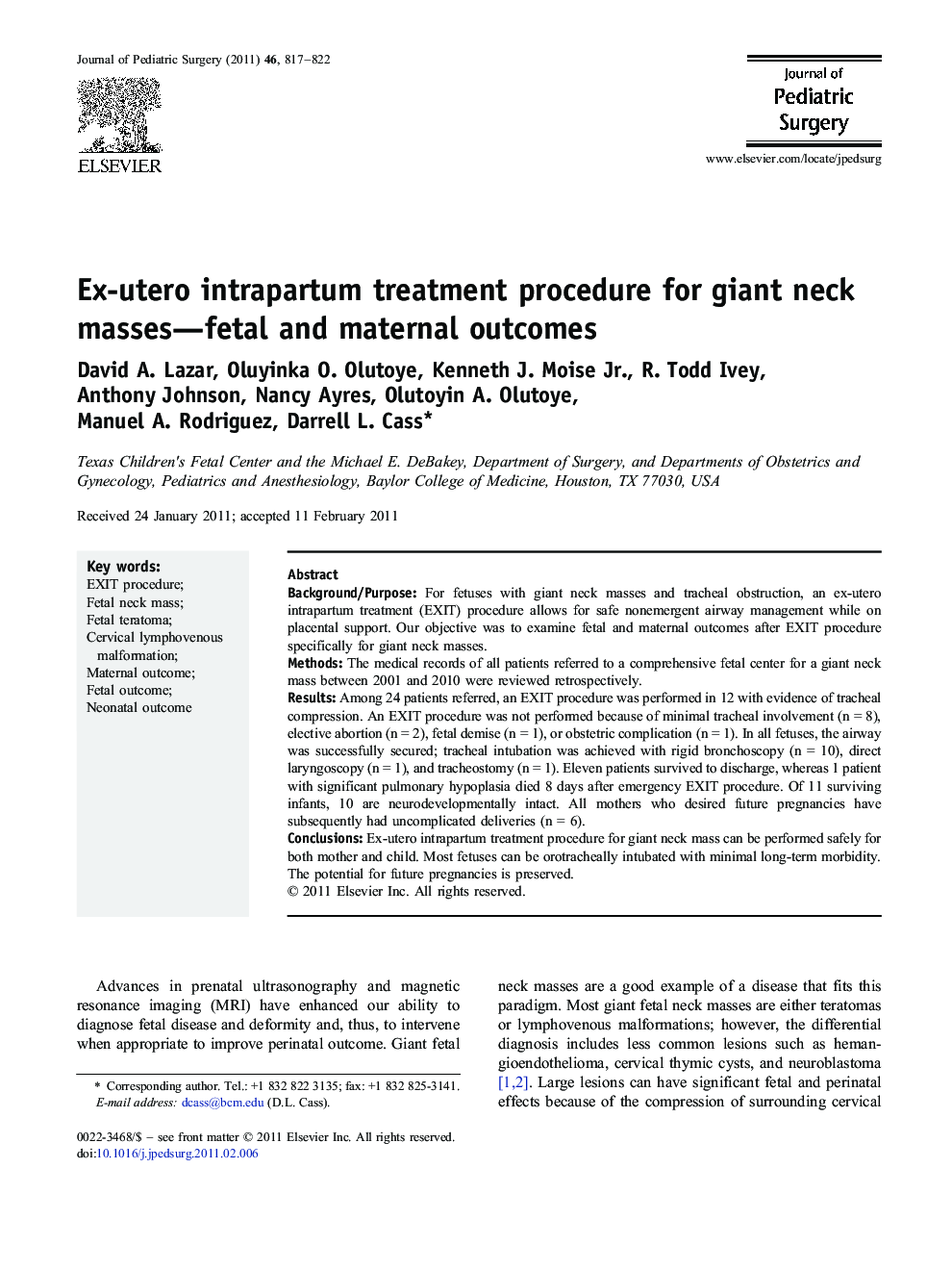 Ex-utero intrapartum treatment procedure for giant neck masses-fetal and maternal outcomes