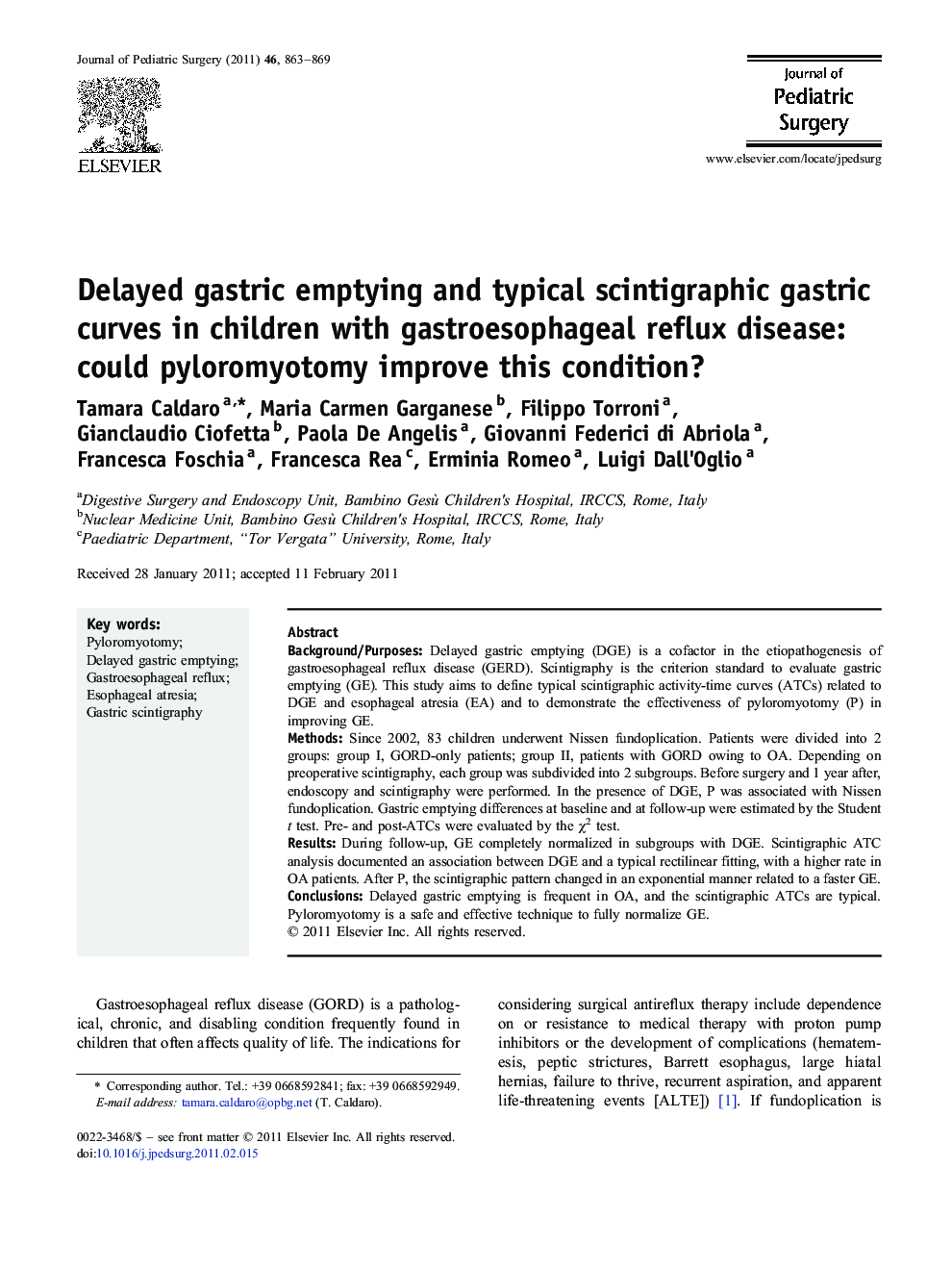 Delayed gastric emptying and typical scintigraphic gastric curves in children with gastroesophageal reflux disease: could pyloromyotomy improve this condition?