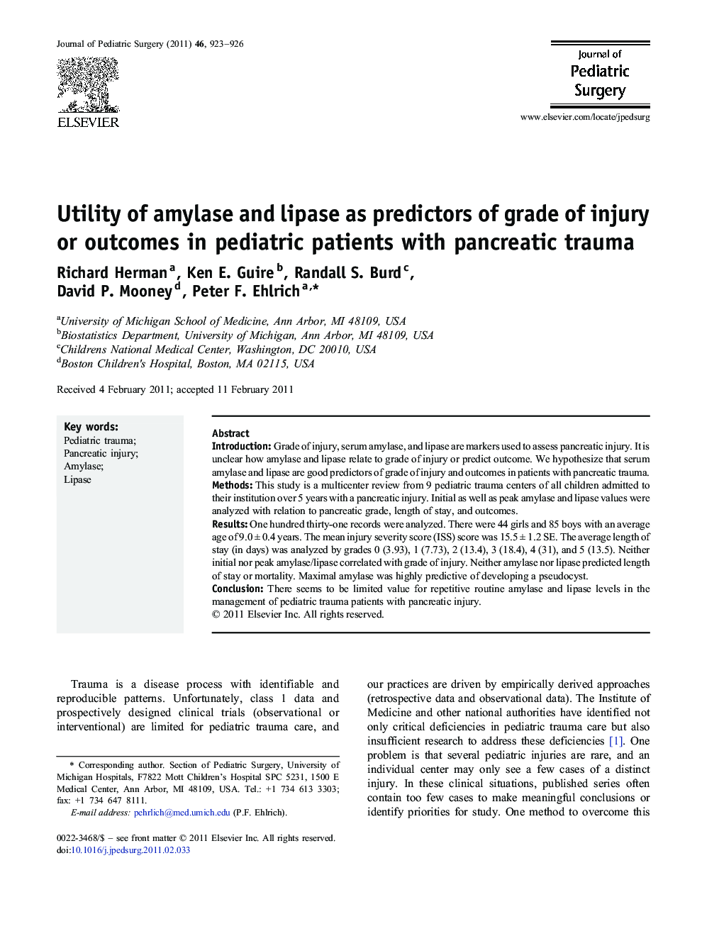 Utility of amylase and lipase as predictors of grade of injury or outcomes in pediatric patients with pancreatic trauma