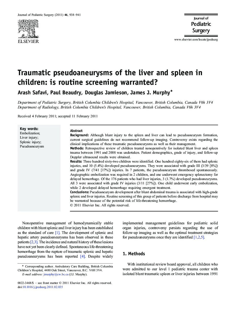 Traumatic pseudoaneurysms of the liver and spleen in children: is routine screening warranted?