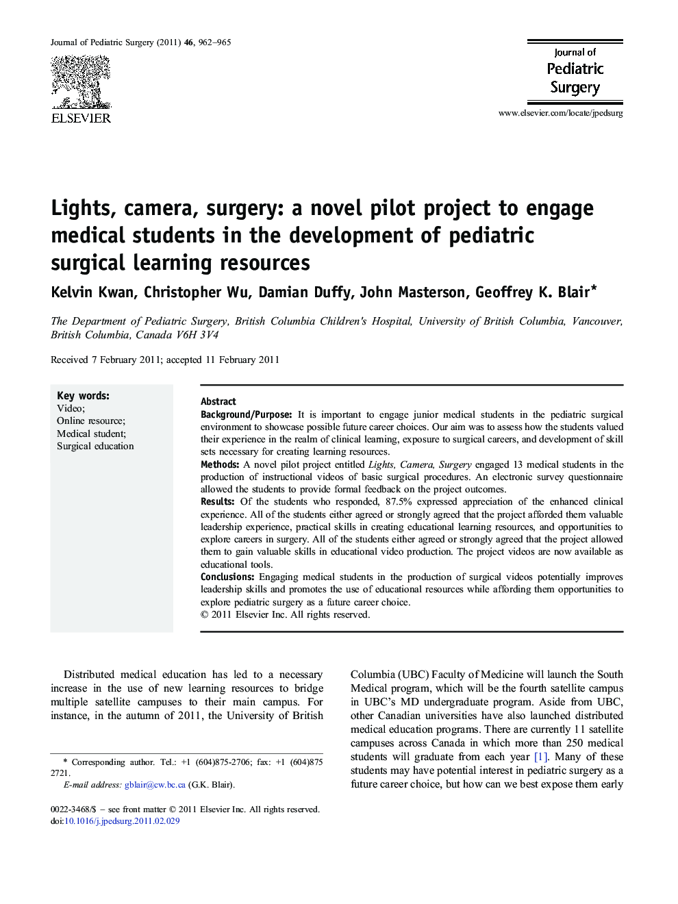 Lights, camera, surgery: a novel pilot project to engage medical students in the development of pediatric surgical learning resources