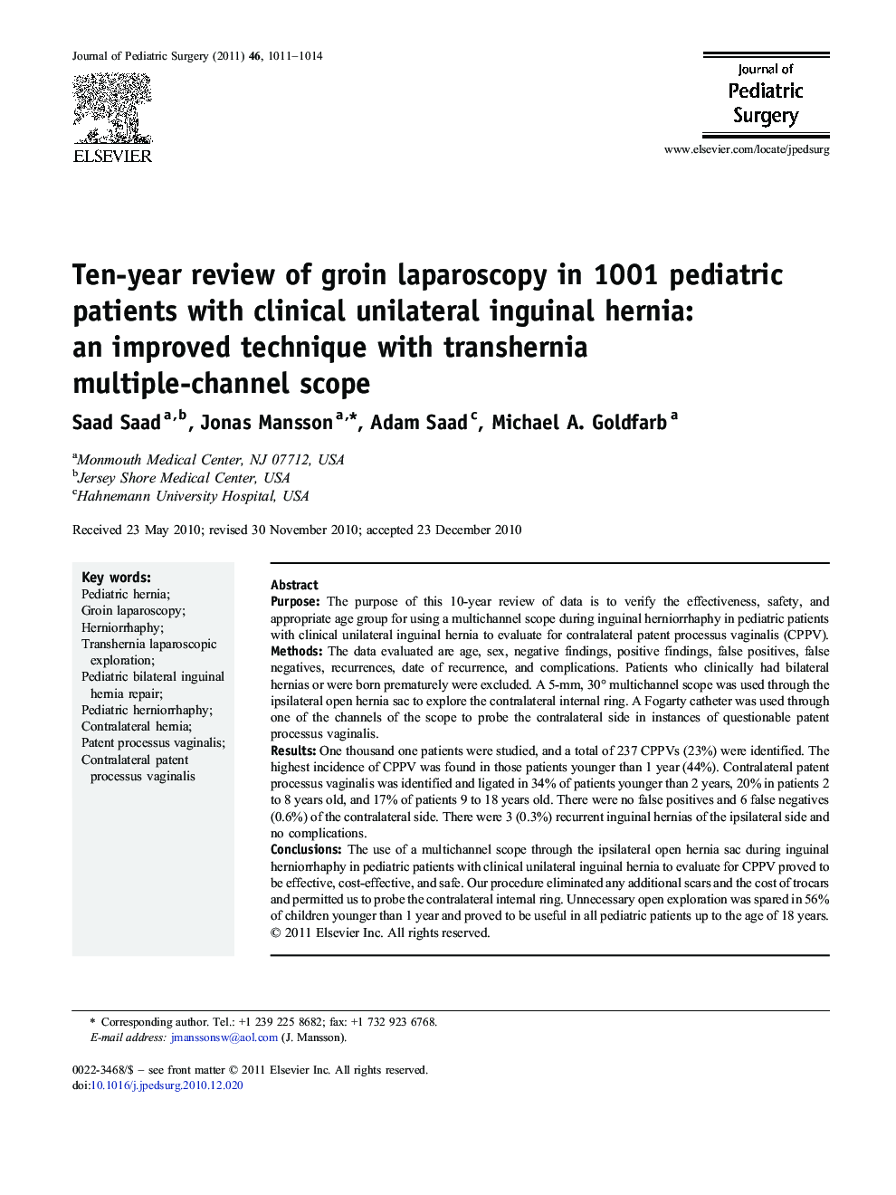 Ten-year review of groin laparoscopy in 1001 pediatric patients with clinical unilateral inguinal hernia: an improved technique with transhernia multiple-channel scope