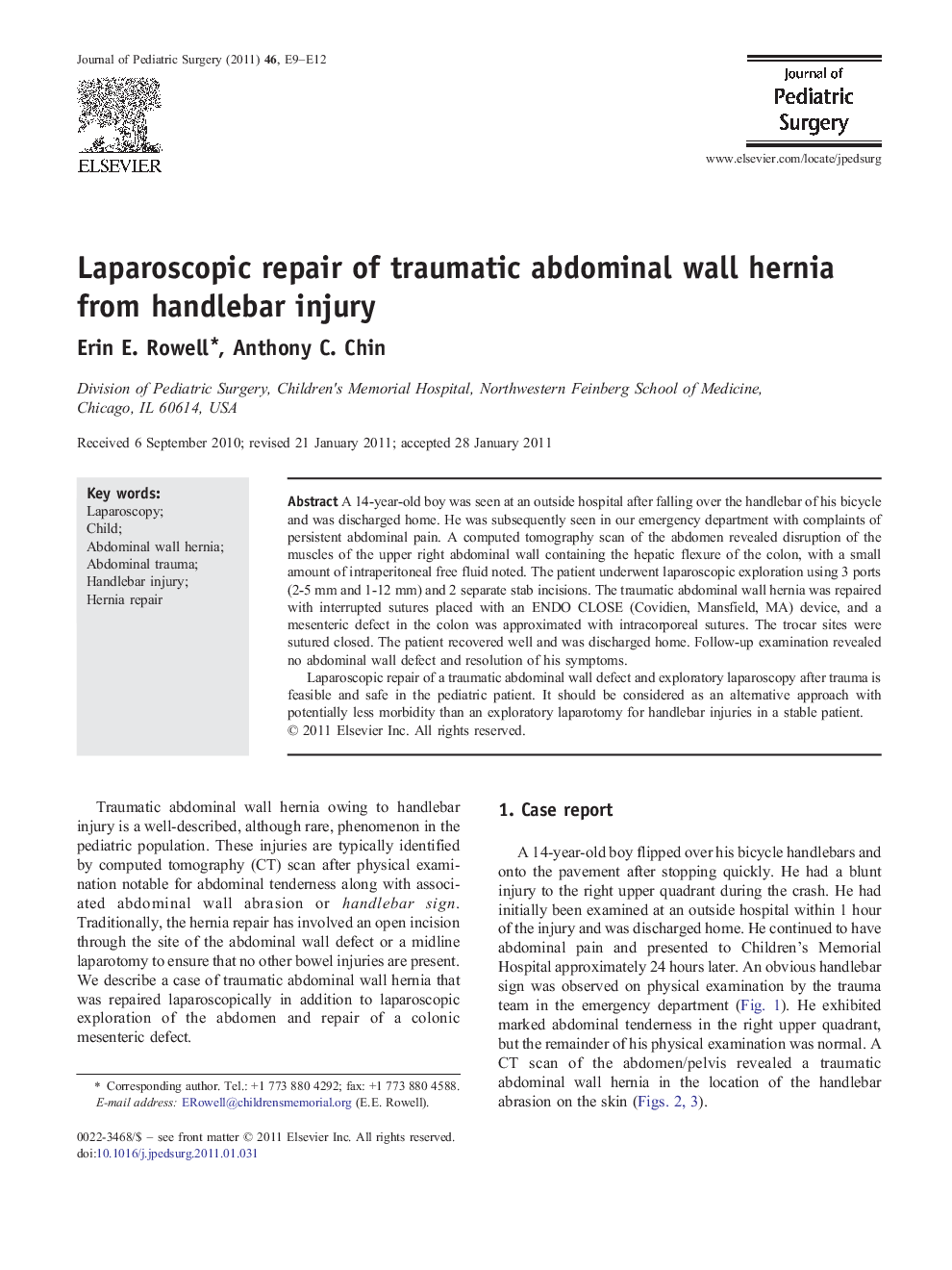 Laparoscopic repair of traumatic abdominal wall hernia from handlebar injury