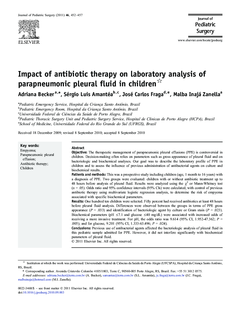 Impact of antibiotic therapy on laboratory analysis of parapneumonic pleural fluid in children