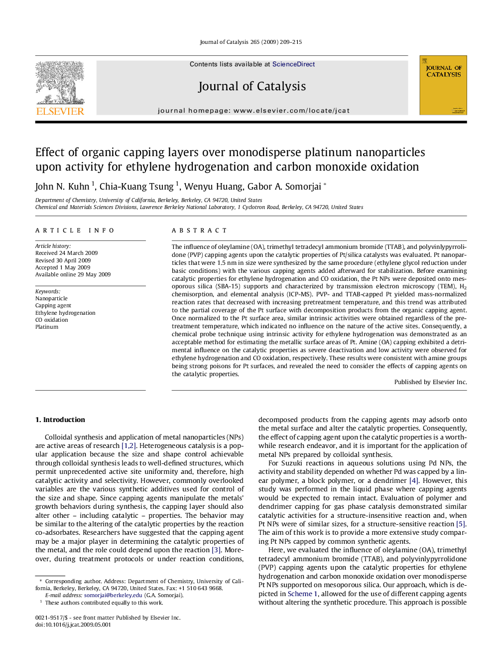 Effect of organic capping layers over monodisperse platinum nanoparticles upon activity for ethylene hydrogenation and carbon monoxide oxidation