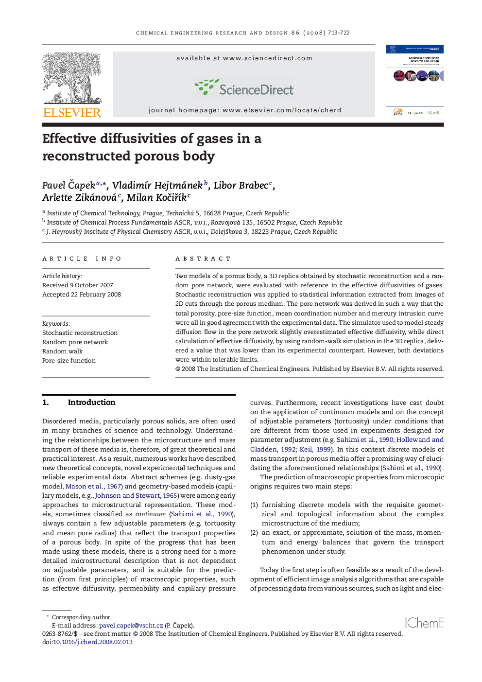 Effective diffusivities of gases in a reconstructed porous body