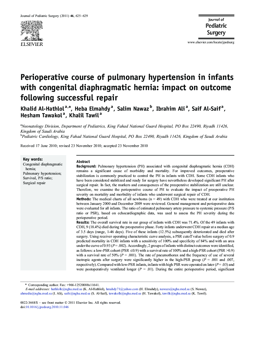 Perioperative course of pulmonary hypertension in infants with congenital diaphragmatic hernia: impact on outcome following successful repair