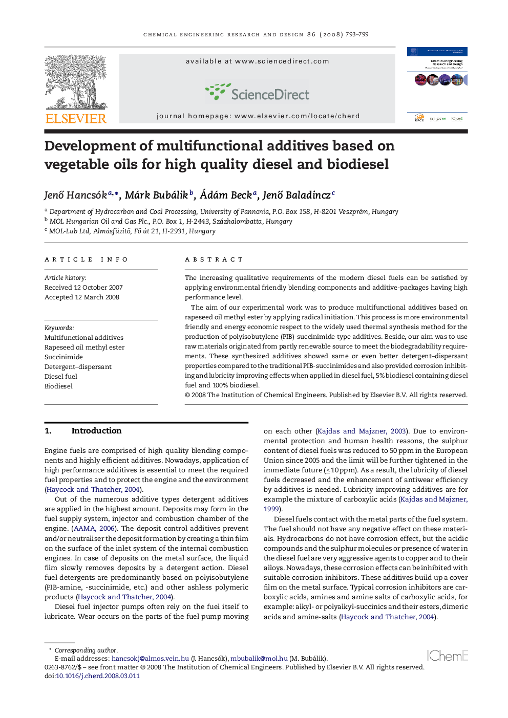 Development of multifunctional additives based on vegetable oils for high quality diesel and biodiesel