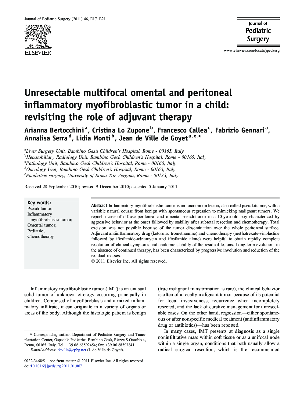 Unresectable multifocal omental and peritoneal inflammatory myofibroblastic tumor in a child: revisiting the role of adjuvant therapy