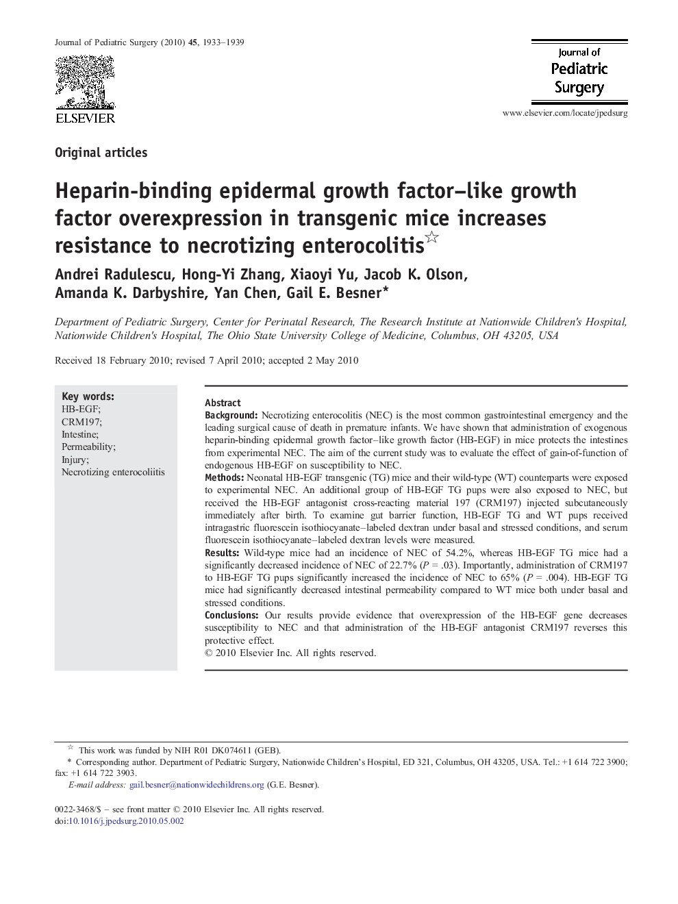 Heparin-binding epidermal growth factor-like growth factor overexpression in transgenic mice increases resistance to necrotizing enterocolitis