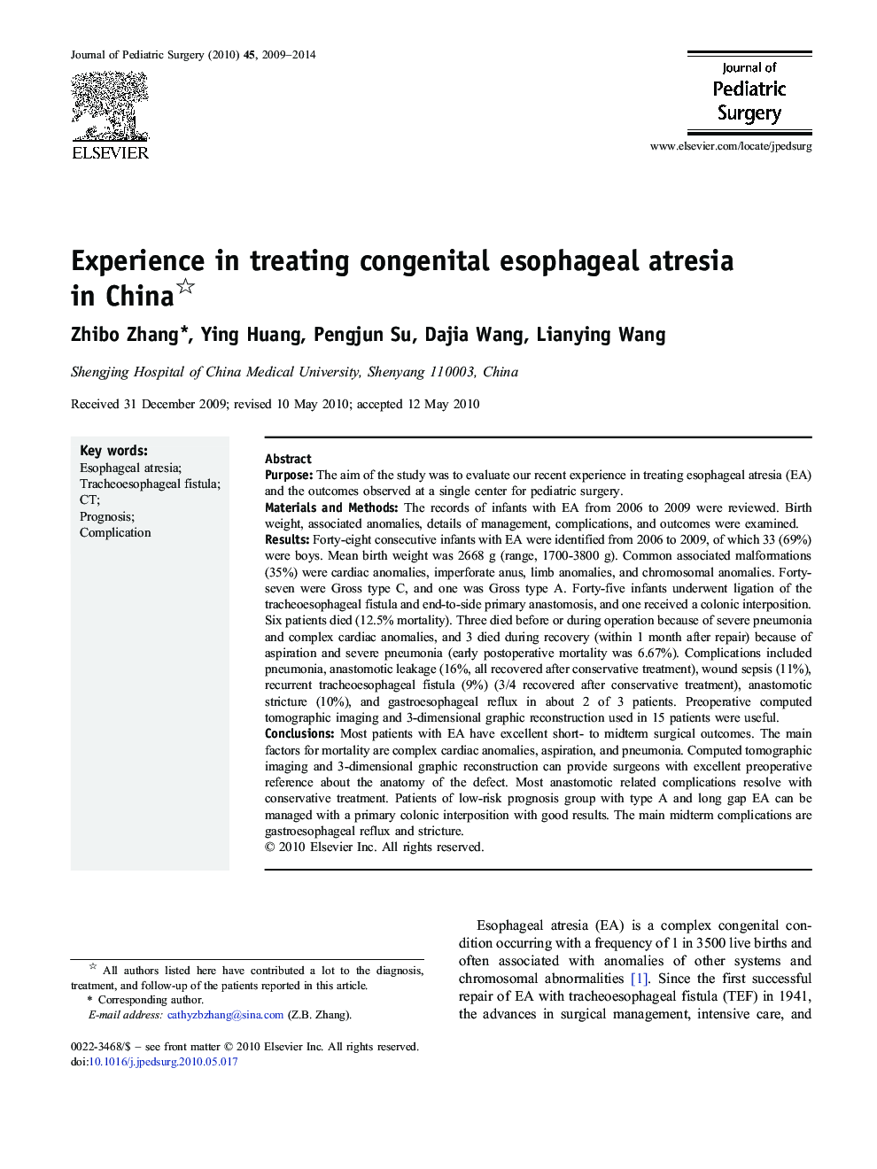 Experience in treating congenital esophageal atresiain China