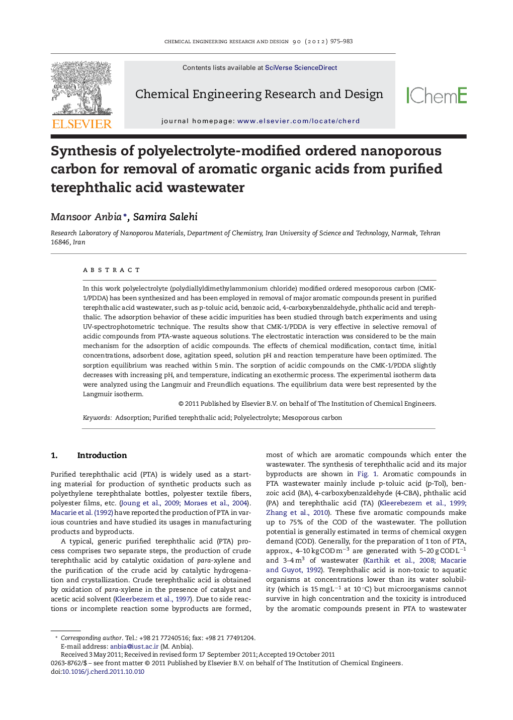 Synthesis of polyelectrolyte-modified ordered nanoporous carbon for removal of aromatic organic acids from purified terephthalic acid wastewater