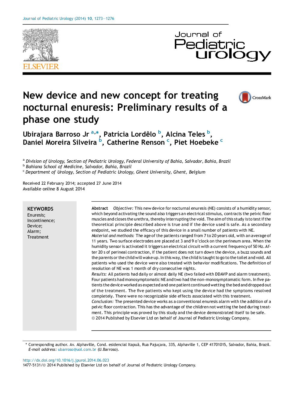 New device and new concept for treating nocturnal enuresis: Preliminary results of a phase one study