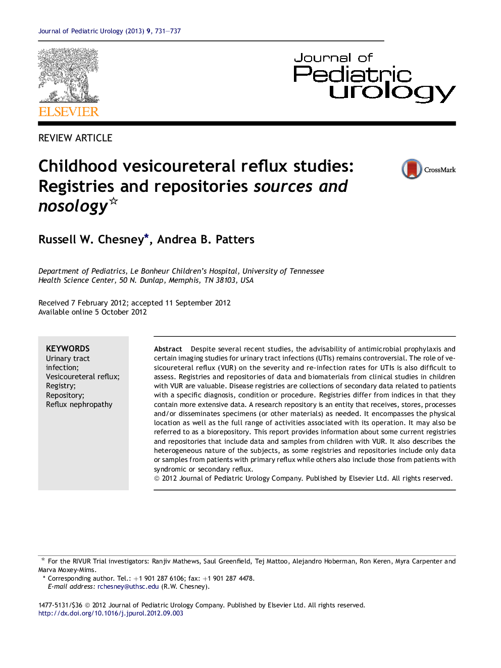 Childhood vesicoureteral reflux studies: Registries and repositories sources and nosology