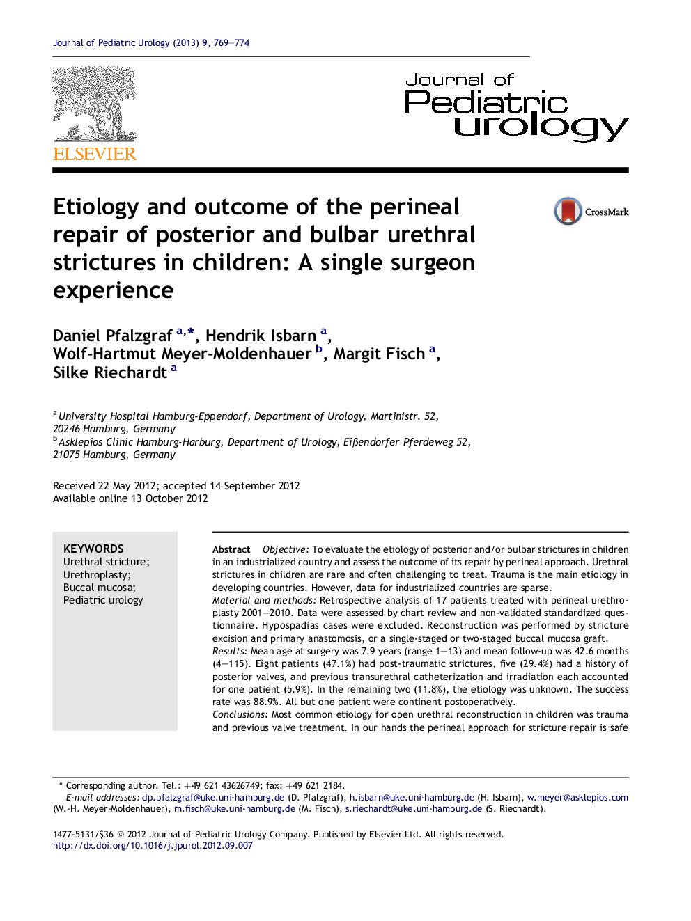 Etiology and outcome of the perineal repair of posterior and bulbar urethral strictures in children: A single surgeon experience