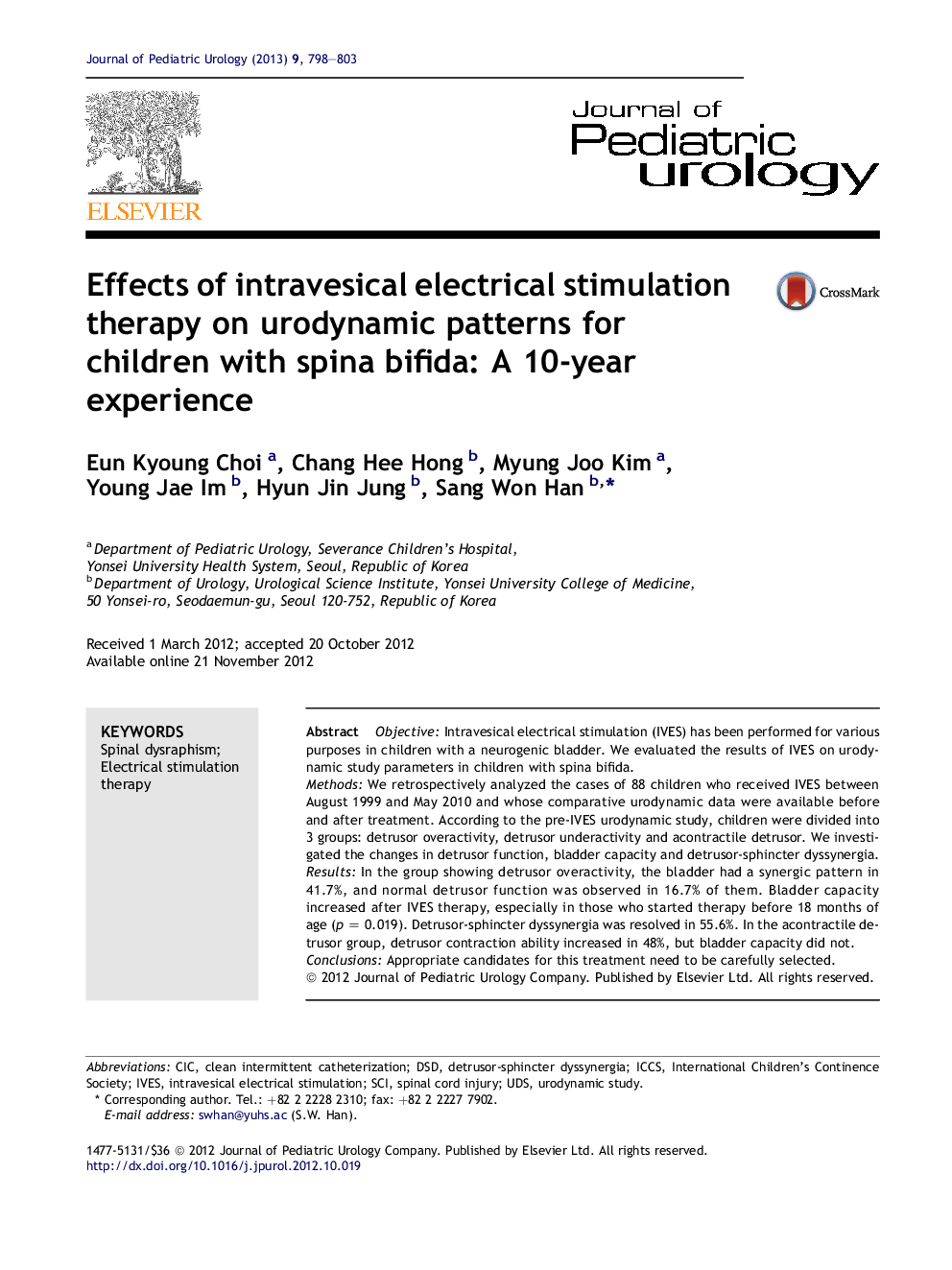 Effects of intravesical electrical stimulation therapy on urodynamic patterns for children with spina bifida: A 10-year experience