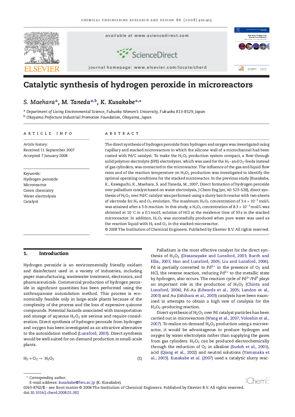 Catalytic synthesis of hydrogen peroxide in microreactors