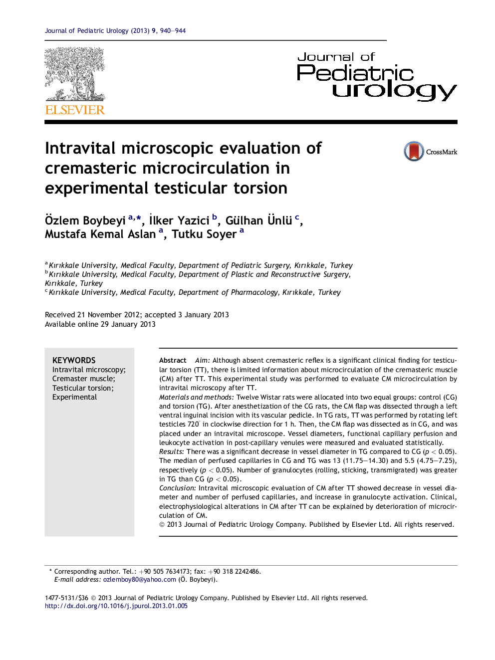 Intravital microscopic evaluation of cremasteric microcirculation in experimental testicular torsion