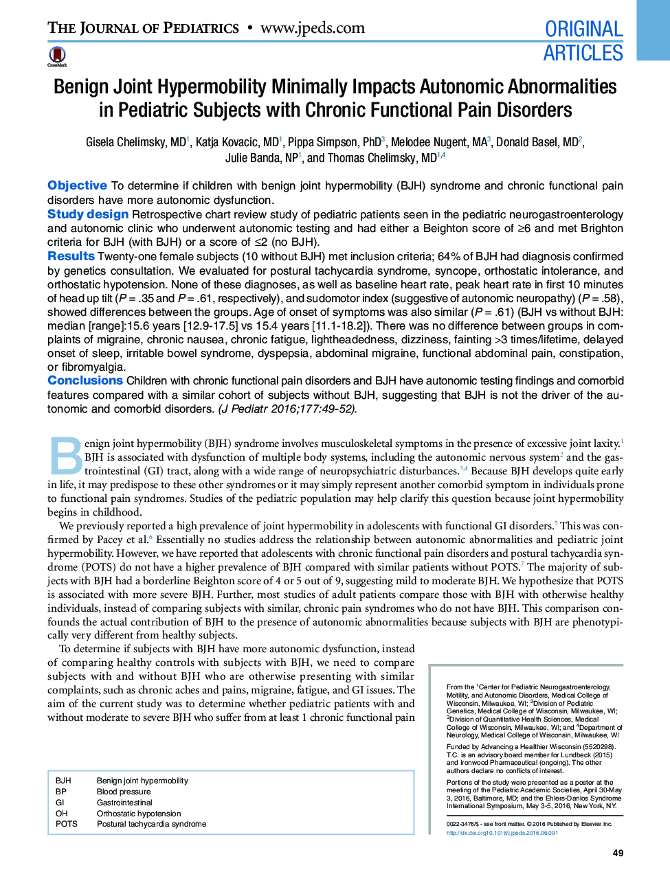 Benign Joint Hypermobility Minimally Impacts Autonomic Abnormalities in Pediatric Subjects with Chronic Functional Pain Disorders