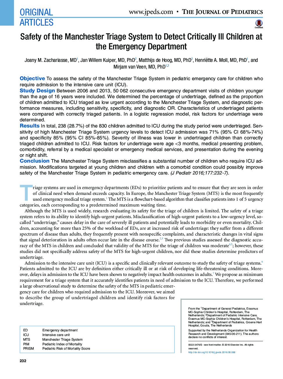 Safety of the Manchester Triage System to Detect Critically Ill Children at the Emergency Department