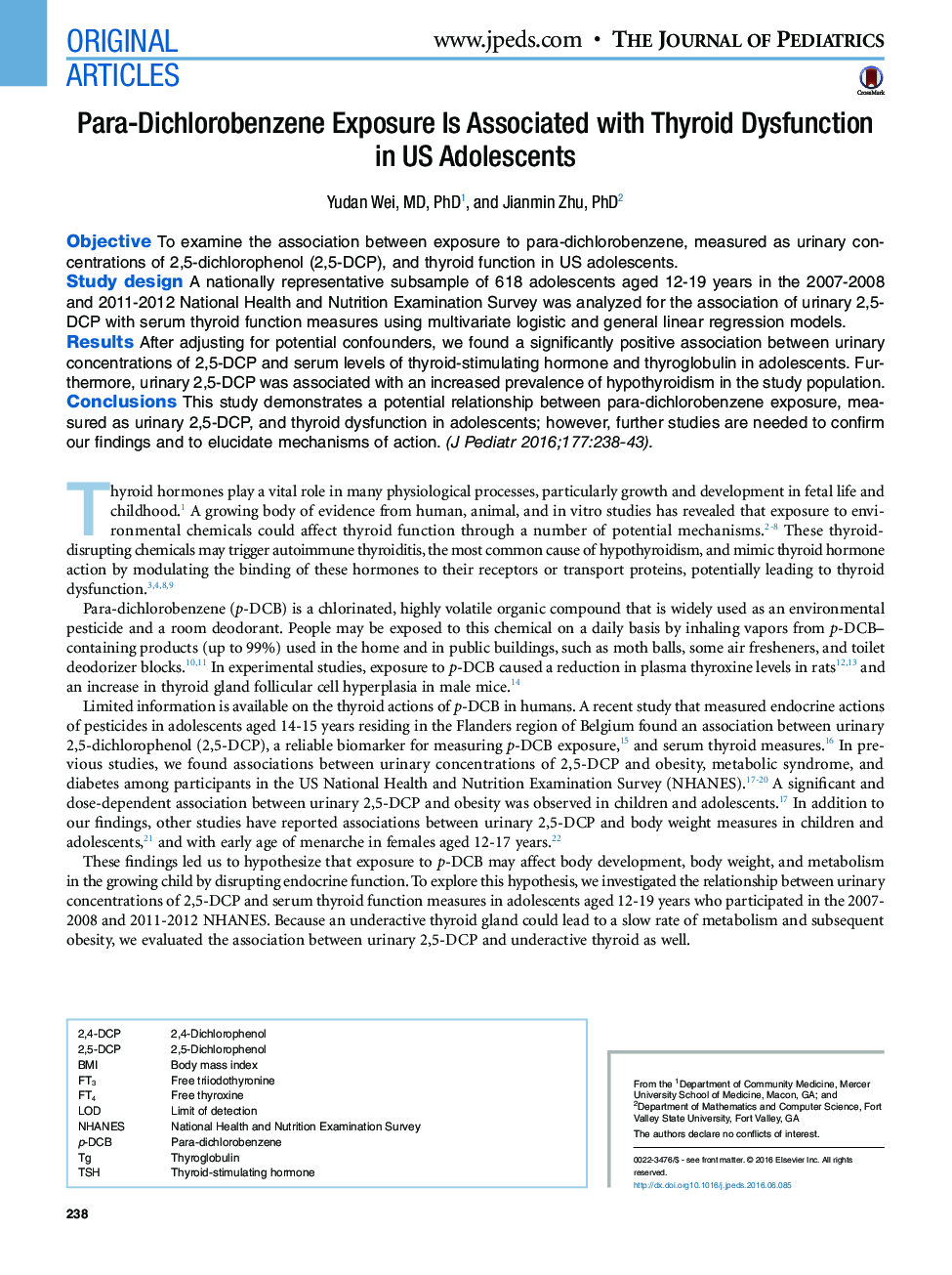 Para-Dichlorobenzene Exposure Is Associated with Thyroid Dysfunction in US Adolescents