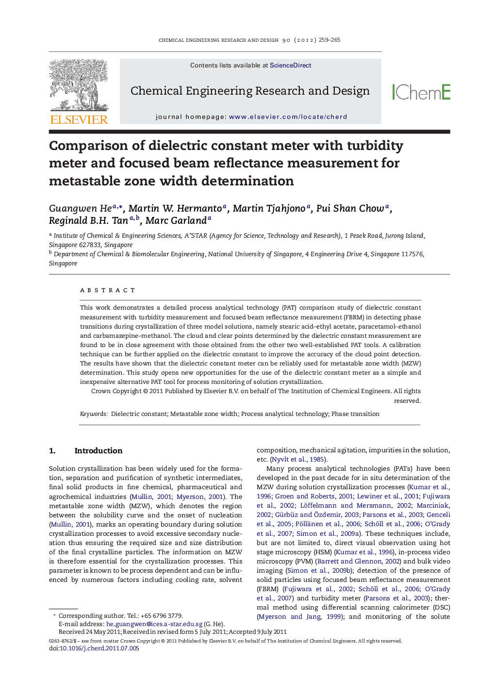 Comparison of dielectric constant meter with turbidity meter and focused beam reflectance measurement for metastable zone width determination