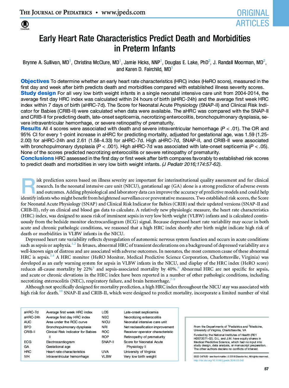 Early Heart Rate Characteristics Predict Death and Morbidities inÂ PretermÂ Infants