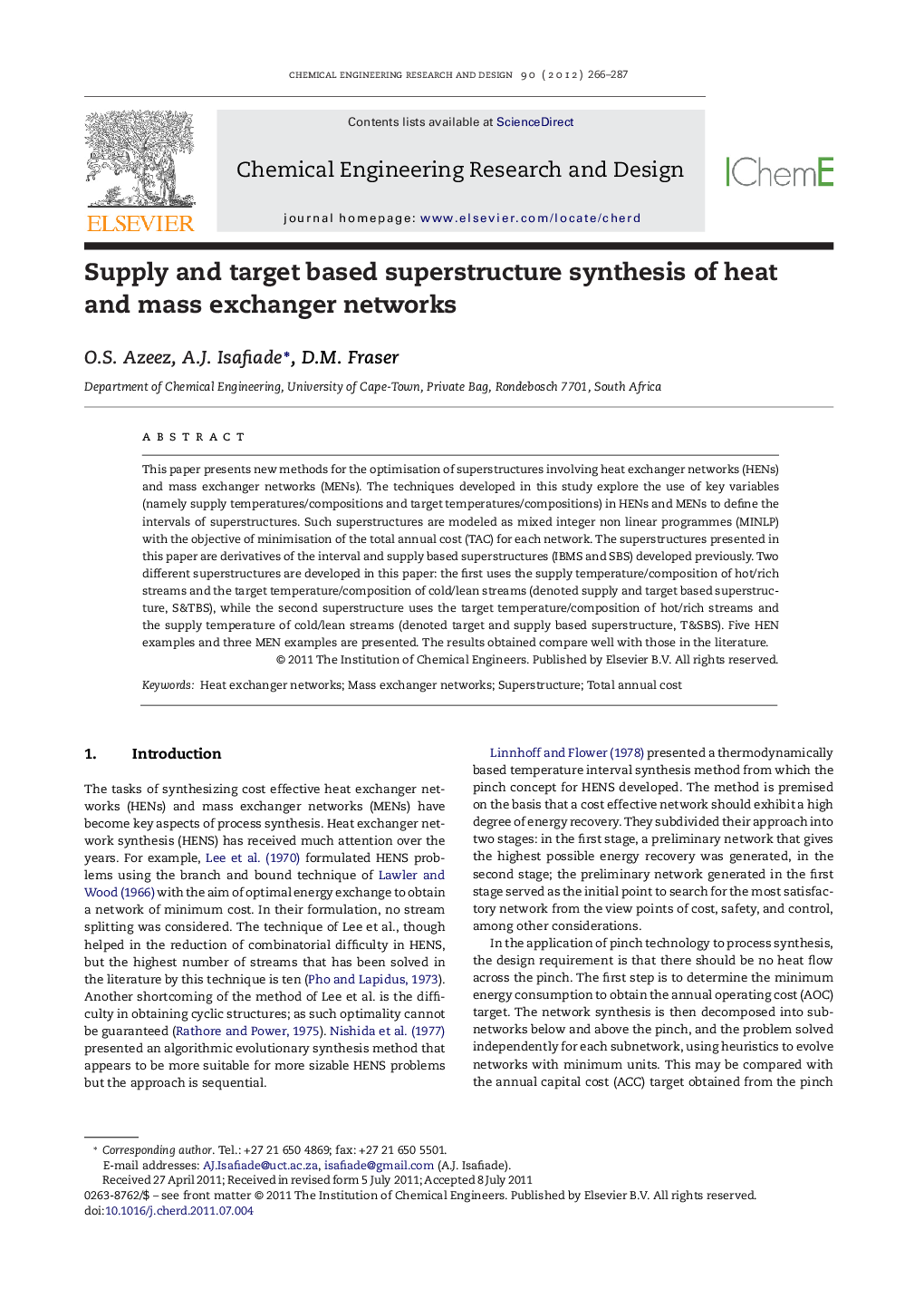 Supply and target based superstructure synthesis of heat and mass exchanger networks