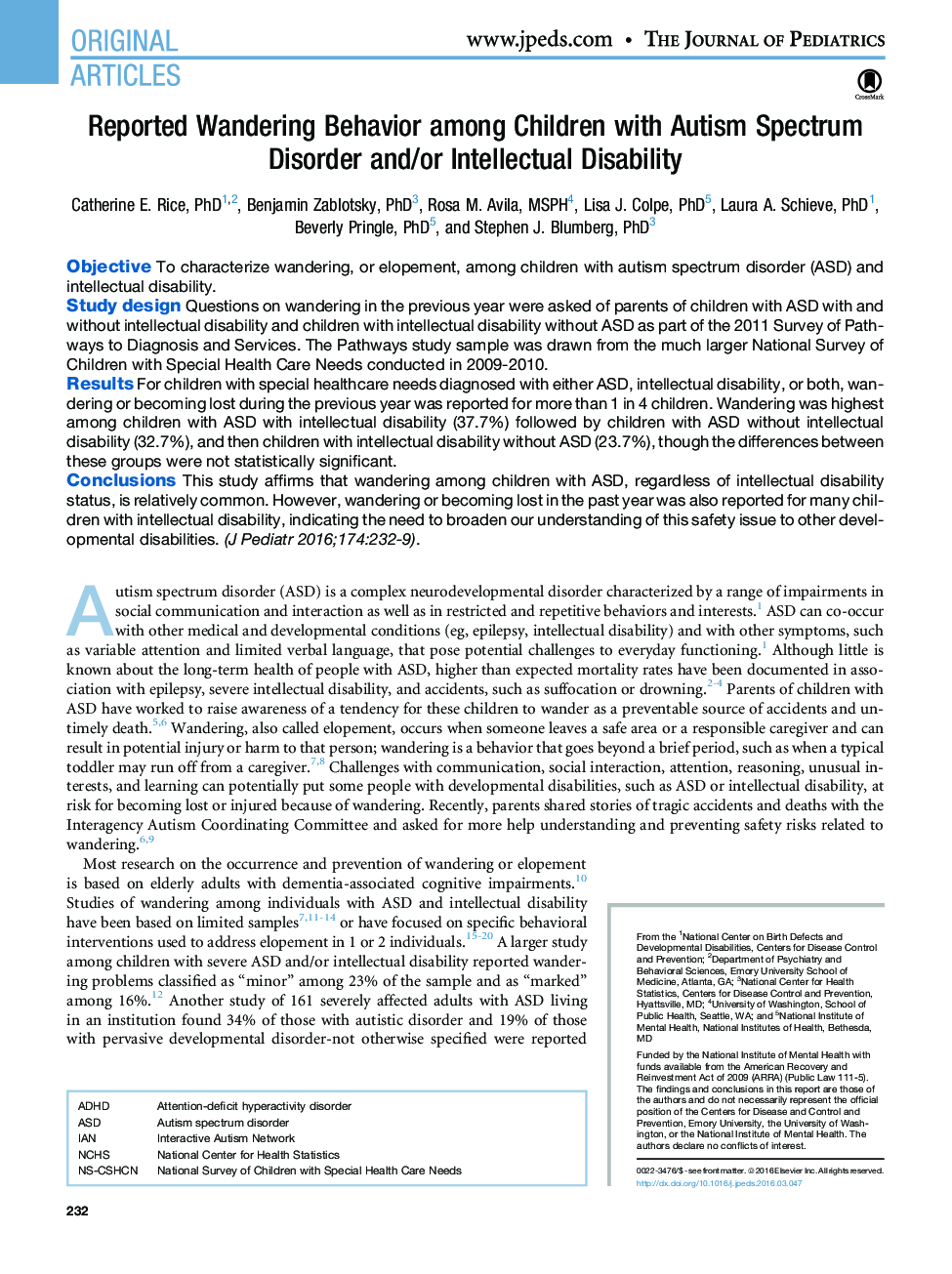 Reported Wandering Behavior among Children with Autism Spectrum Disorder and/or Intellectual Disability