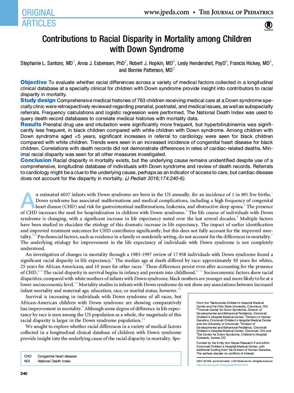 Contributions to Racial Disparity in Mortality among Children withÂ DownÂ Syndrome