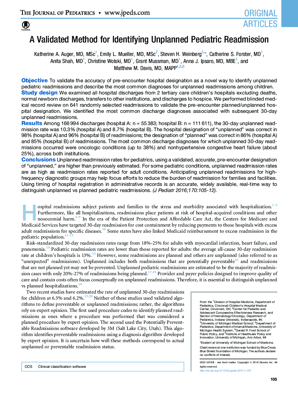 A Validated Method for Identifying Unplanned Pediatric Readmission