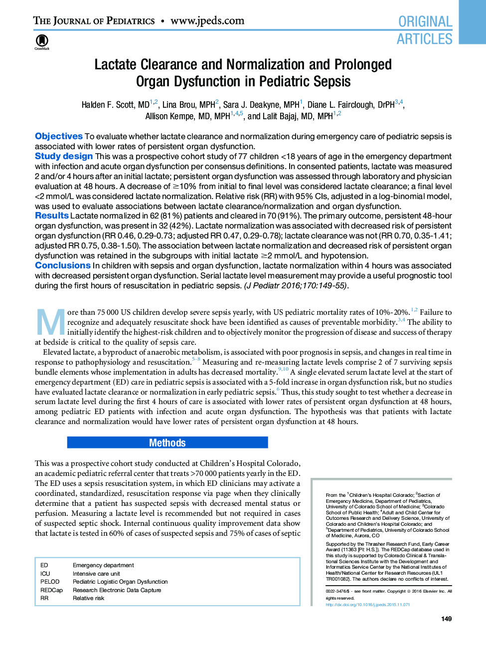 Lactate Clearance and Normalization and Prolonged Organ Dysfunction in Pediatric Sepsis