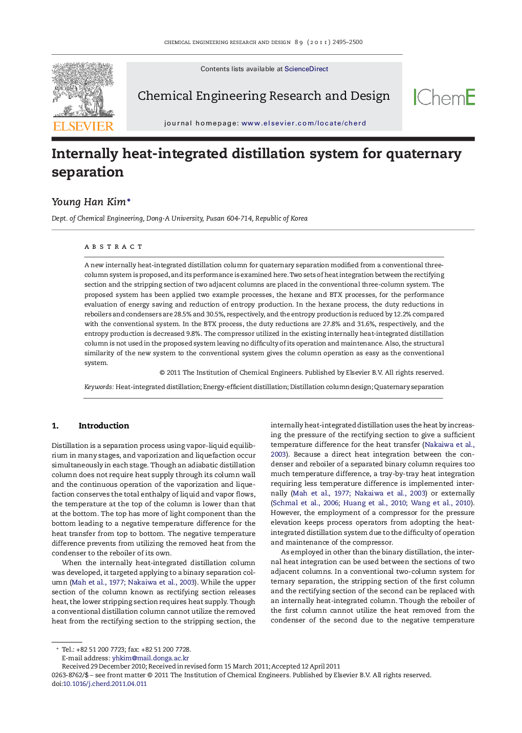 Internally heat-integrated distillation system for quaternary separation