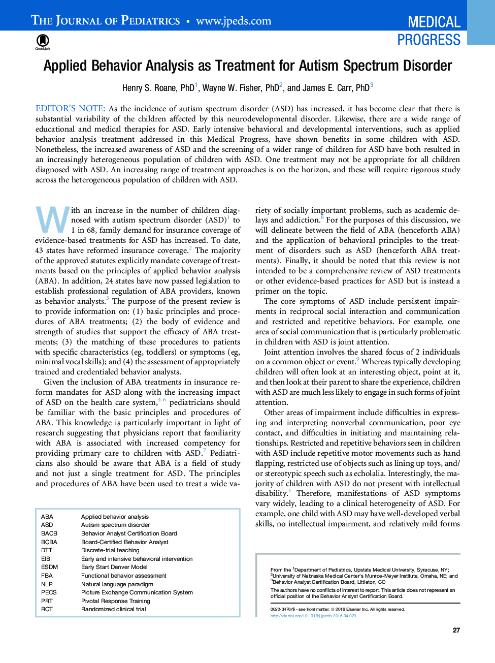 Applied Behavior Analysis as Treatment for Autism Spectrum Disorder