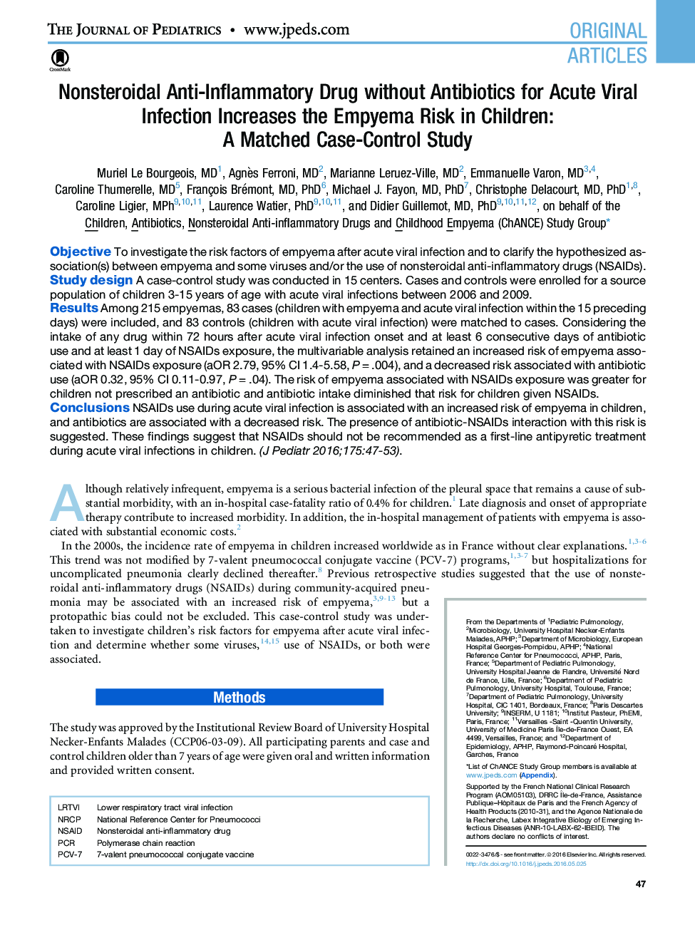 Nonsteroidal Anti-Inflammatory Drug without Antibiotics for Acute Viral Infection Increases the Empyema Risk in Children: A Matched Case-Control Study