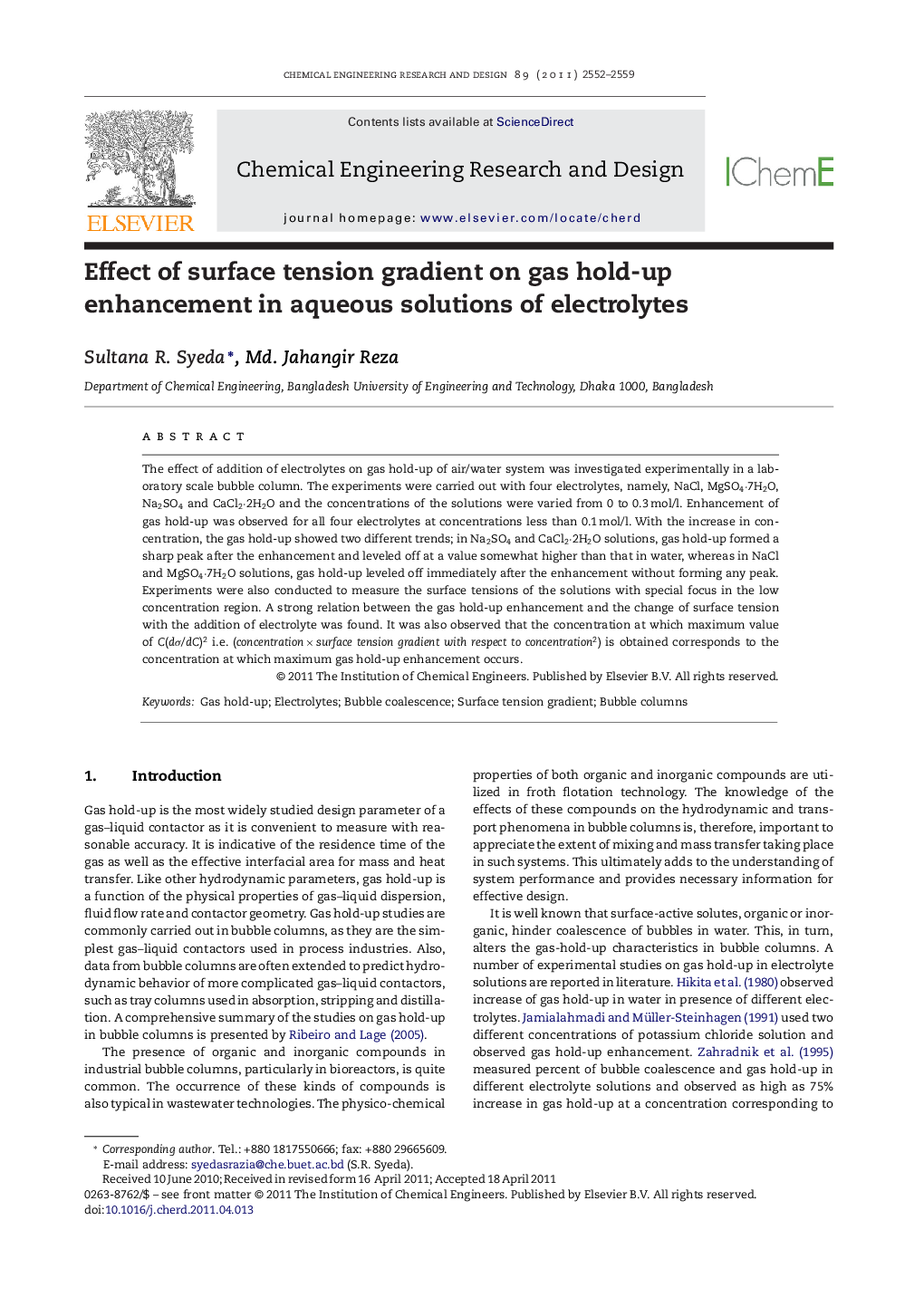 Effect of surface tension gradient on gas hold-up enhancement in aqueous solutions of electrolytes