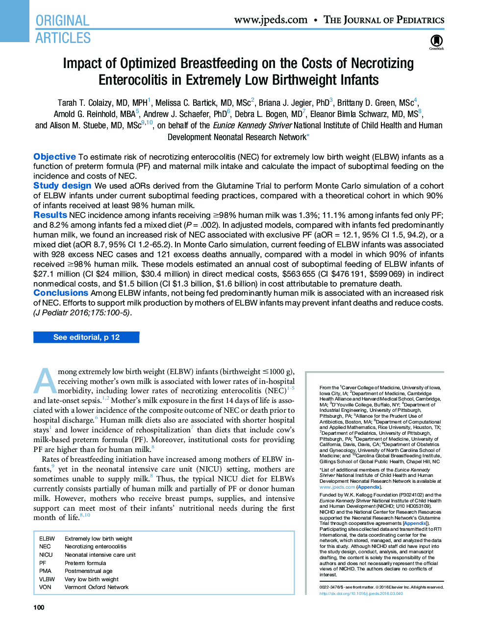 Impact of Optimized Breastfeeding on the Costs of Necrotizing Enterocolitis in Extremely Low Birthweight Infants