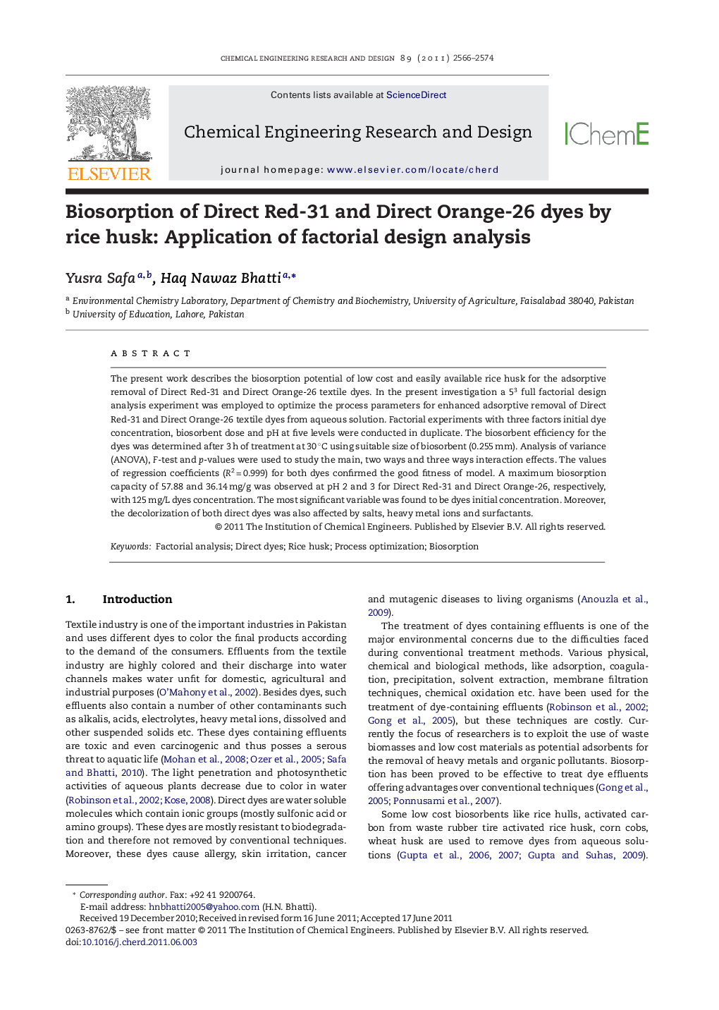 Biosorption of Direct Red-31 and Direct Orange-26 dyes by rice husk: Application of factorial design analysis