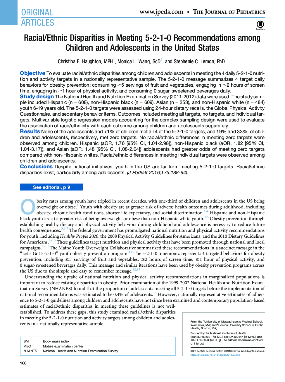 Racial/Ethnic Disparities in Meeting 5-2-1-0 Recommendations among Children and Adolescents in the United States