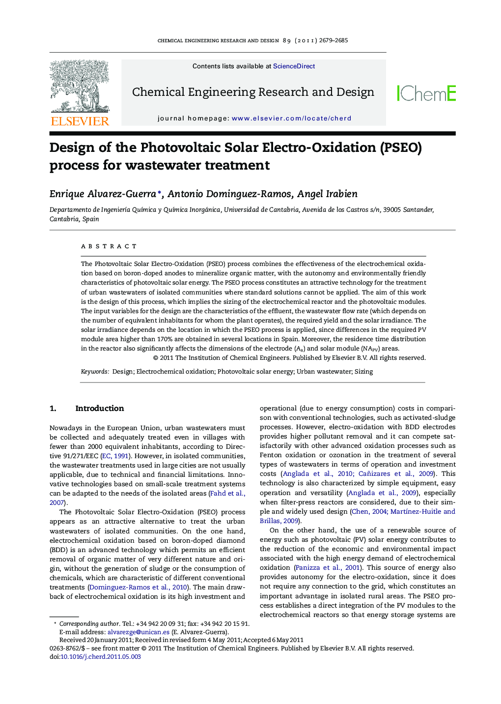 Design of the Photovoltaic Solar Electro-Oxidation (PSEO) process for wastewater treatment