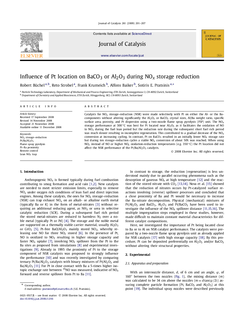 Influence of Pt location on BaCO3 or Al2O3 during NOx storage reduction