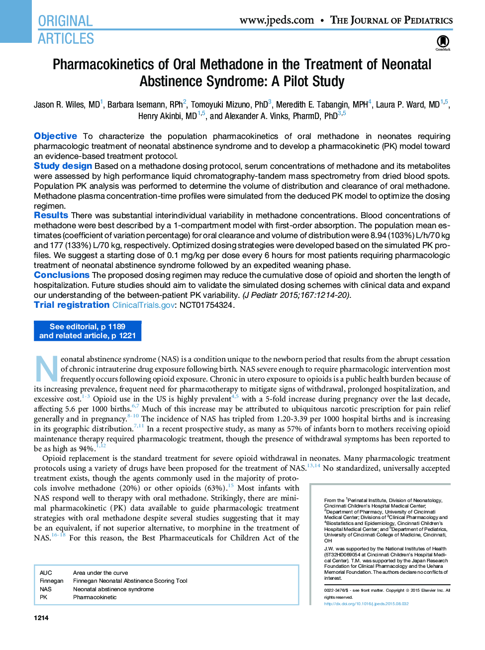 Pharmacokinetics of Oral Methadone in the Treatment of Neonatal Abstinence Syndrome: A Pilot Study