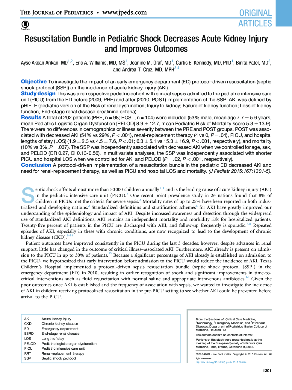 Resuscitation Bundle in Pediatric Shock Decreases Acute Kidney Injury and Improves Outcomes