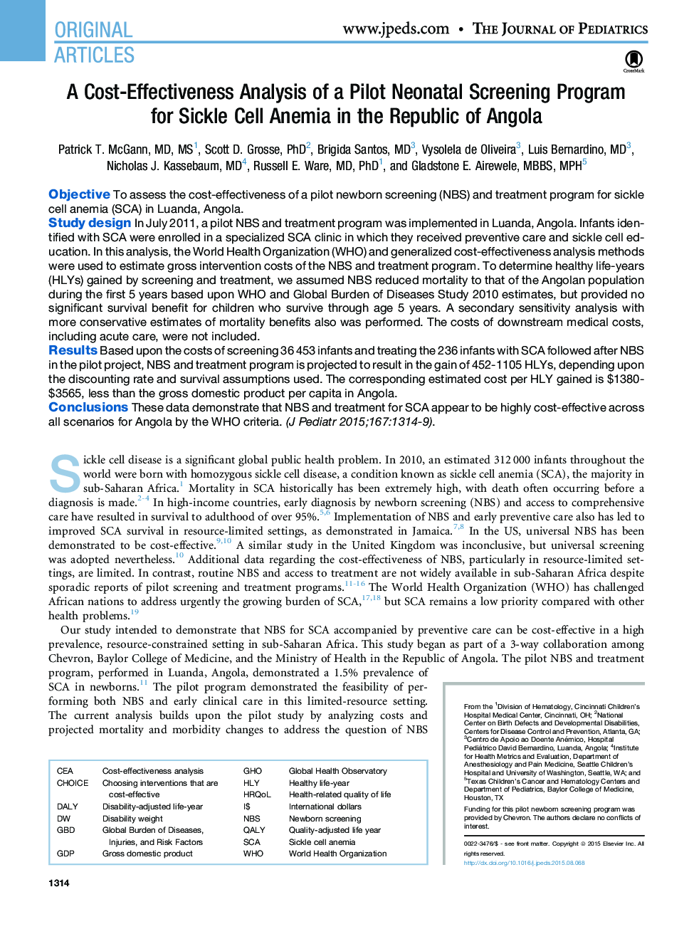 A Cost-Effectiveness Analysis of a Pilot Neonatal Screening Program forÂ Sickle Cell Anemia in the Republic of Angola