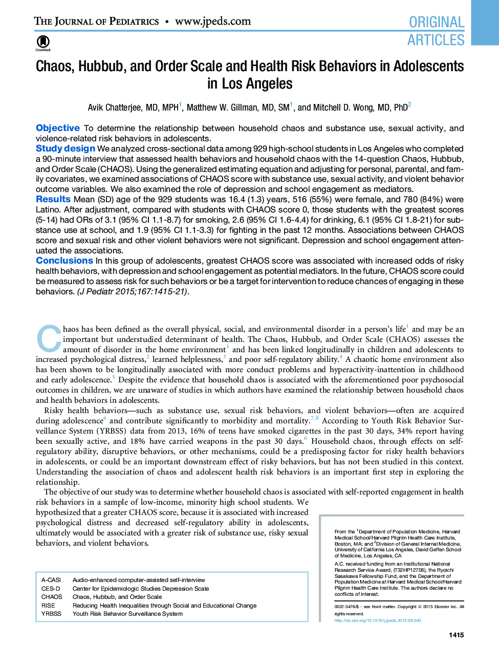 Chaos, Hubbub, and Order Scale and Health Risk Behaviors in Adolescents in Los Angeles