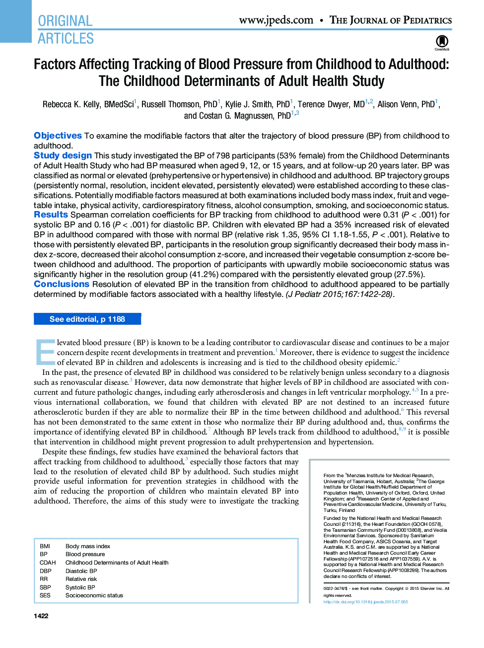 Factors Affecting Tracking of Blood Pressure from Childhood to Adulthood: The Childhood Determinants of Adult Health Study