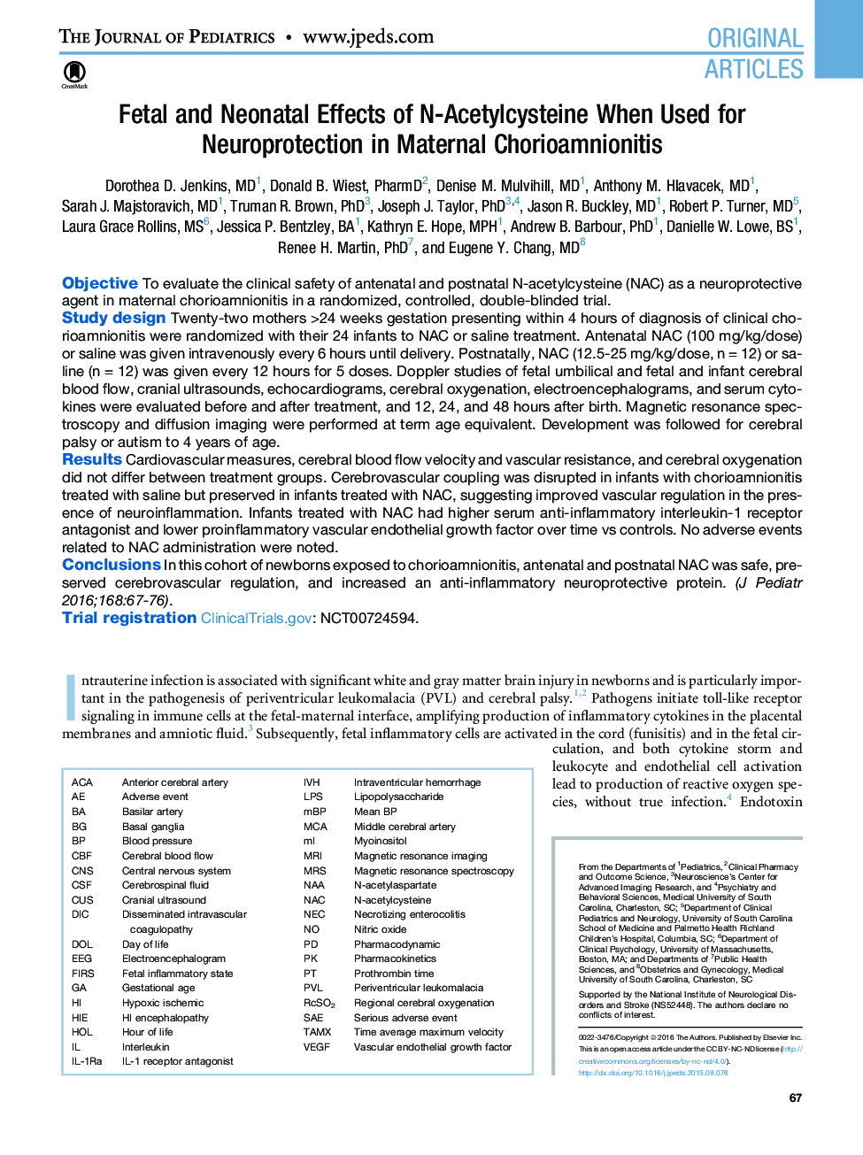 Fetal and Neonatal Effects of N-Acetylcysteine When Used for Neuroprotection in Maternal Chorioamnionitis